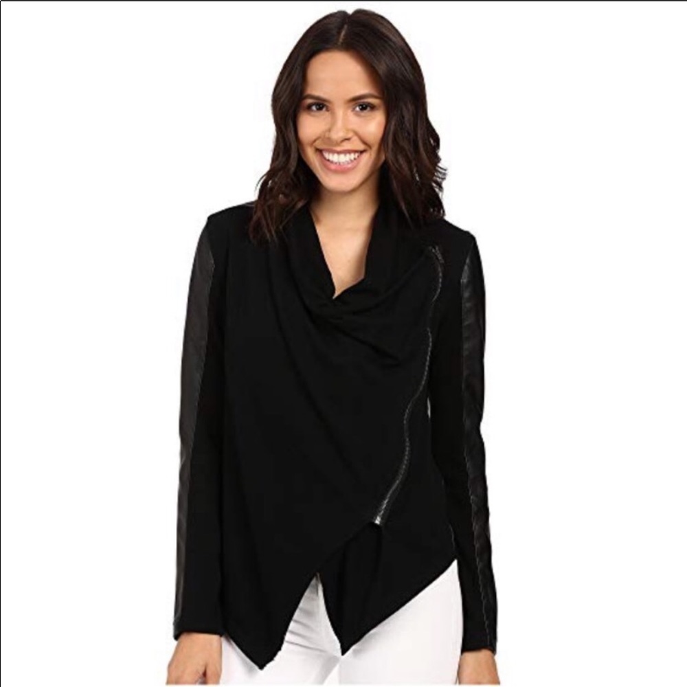 Blank NYC Black faux leather drape jacket